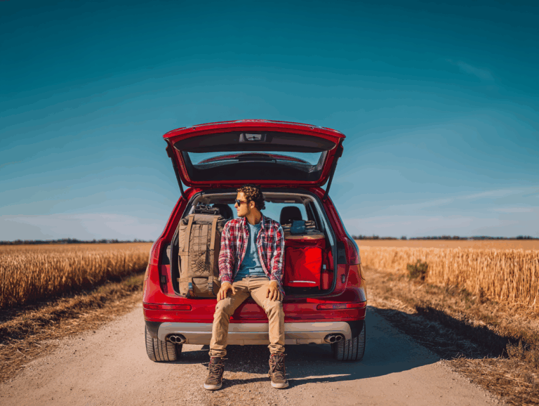Man relaxing by car in countryside.